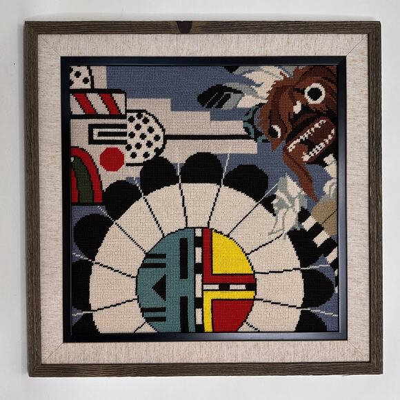 Needlepoint framed Native American Southwest Decor Cross stitch Art Vintage